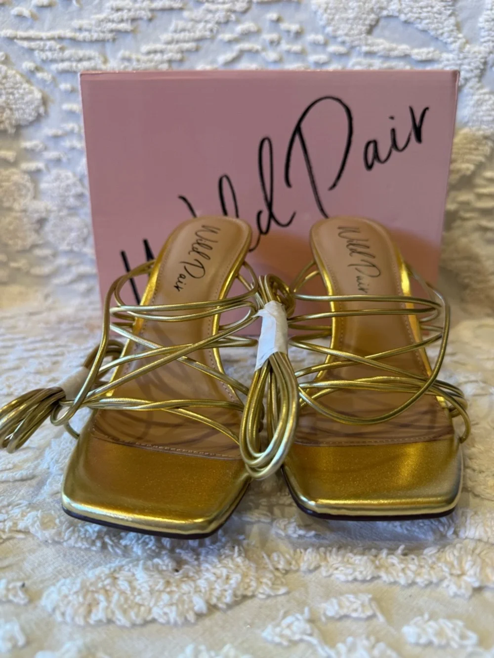 Wild Pair Metallic Gold Strappy Square-Toe Heels #641